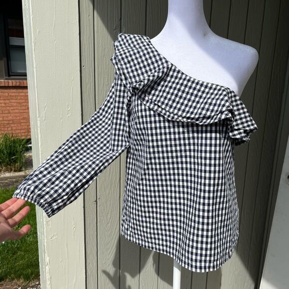 J Crew Blue & White Gingham One Sleeve Asymmetric Ruffle - SZ 4 - Picture 10 of 12